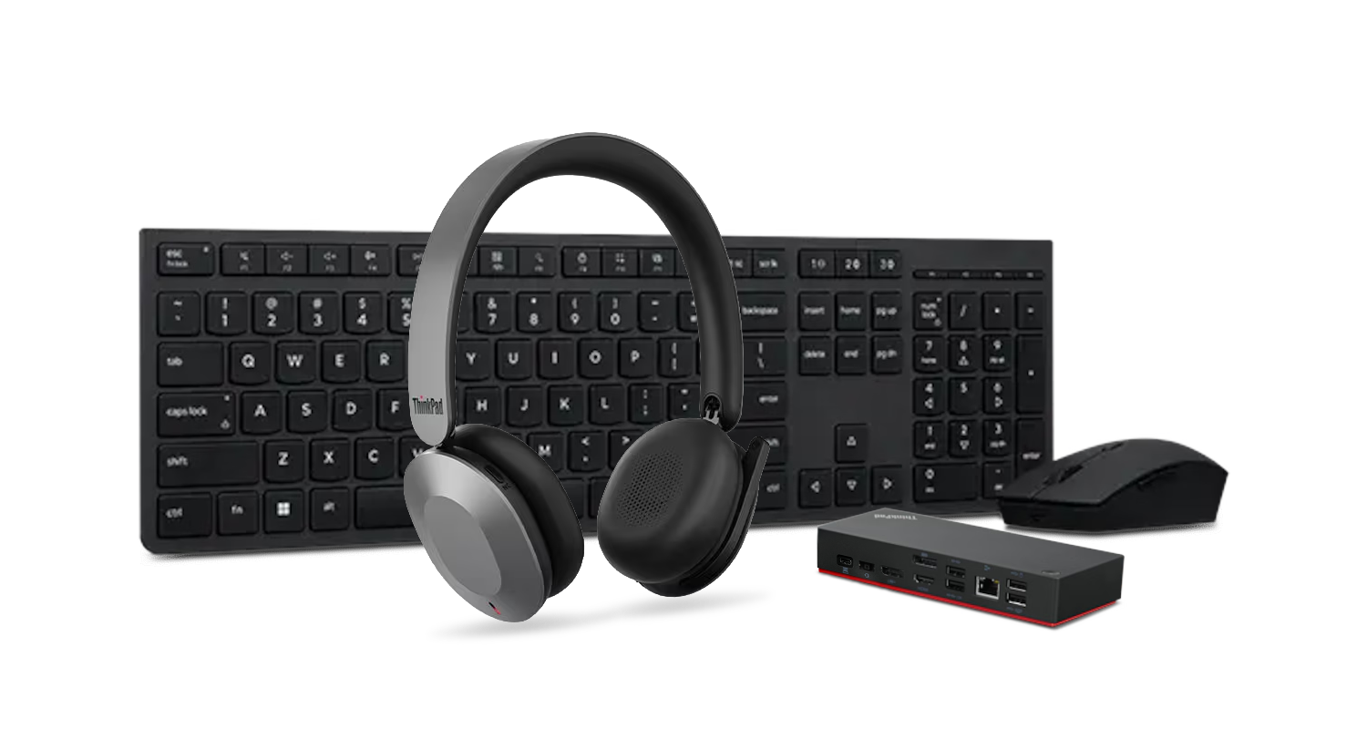 Lenovo Headset 8550, Lenovo Universal Dock, and Lenovo Rechargeable Combo