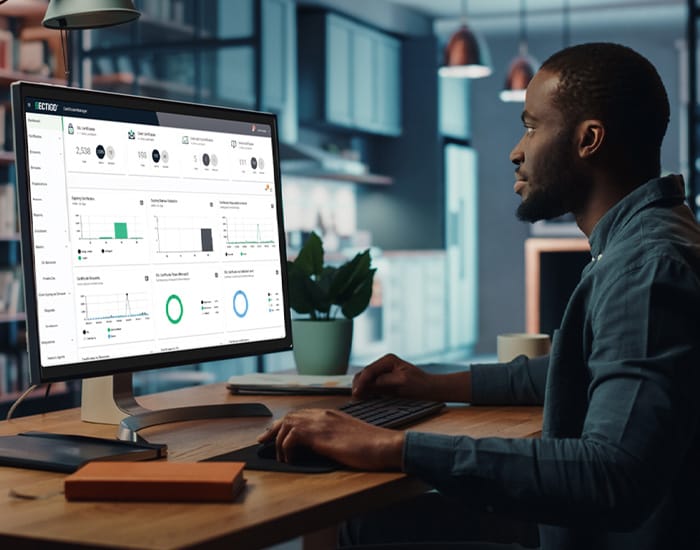 man looking at Sectigo computer screen