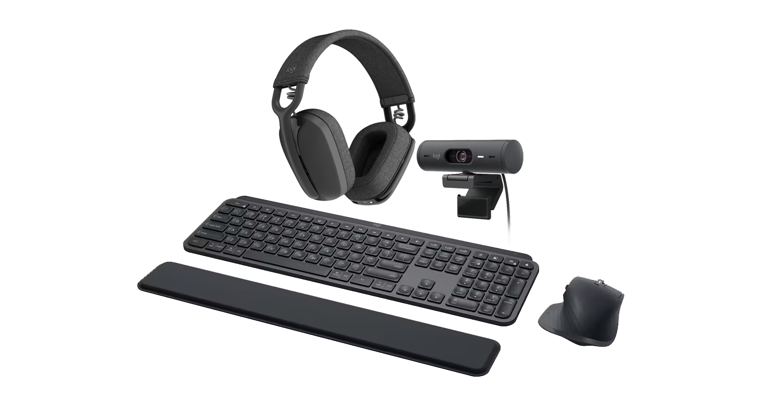 Logitech Zone headset, Brio 505 webcam, MX Keys Gen 2 Combo keyboard, and mouse