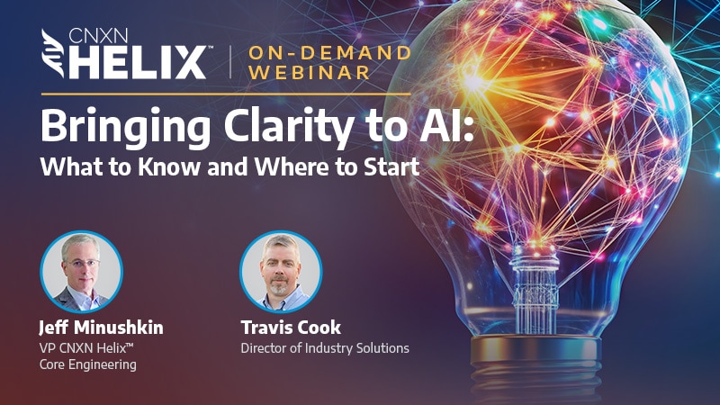 Webinar advertisement featuring the title "ON-DEMAND WEBINAR: Bringing Clarity to AI: What to Know and Where to Start," along with portraits and names of four speakers from various companies.