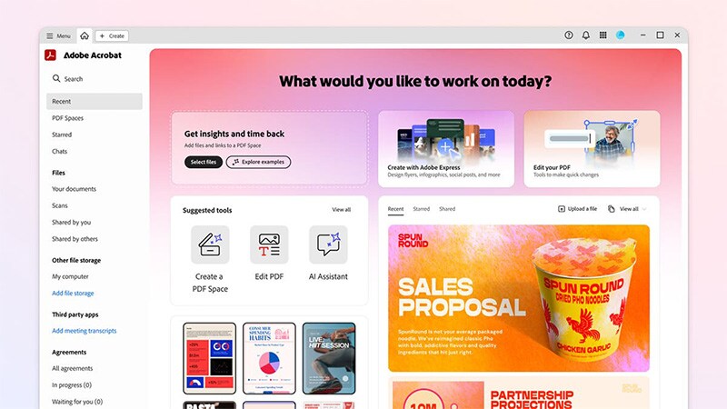 Acrobat Studio dashboard showing AI Assistant, PDF Spaces, and Adobe Express tools