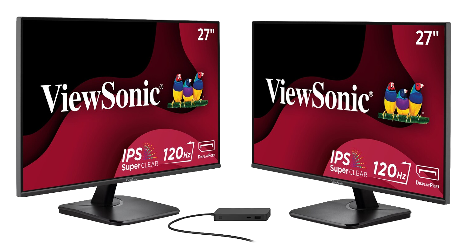 Two ViewSonic 27-inch monitors and Microsoft Surface Dock