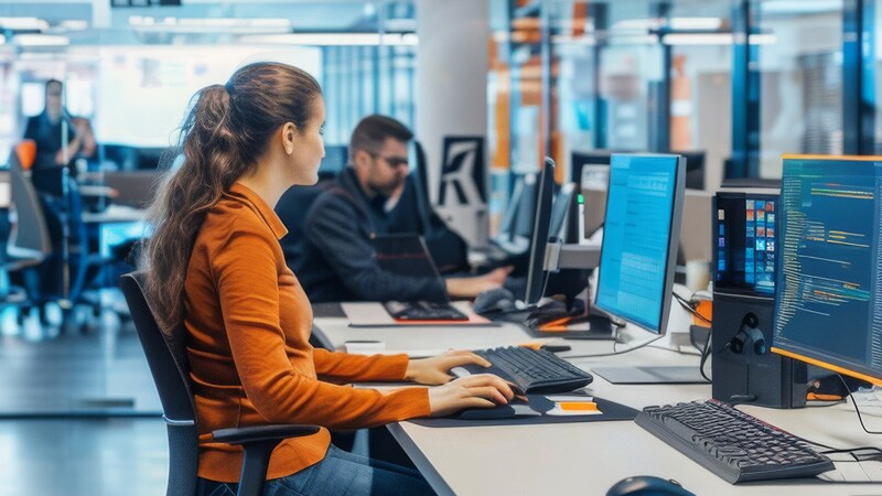 A woman engaged in work at her desk, using a computer in a professional office setting.