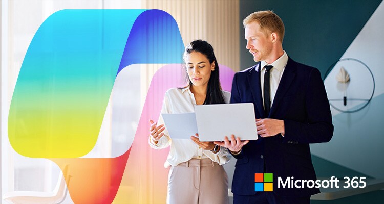 Two professionals in a modern office discussing a laptop, with vibrant abstract shapes in the background and the Microsoft 365 logo in the corner.