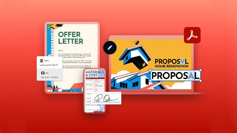 Acrobat Pro interface showing document collaboration and e-signature tools