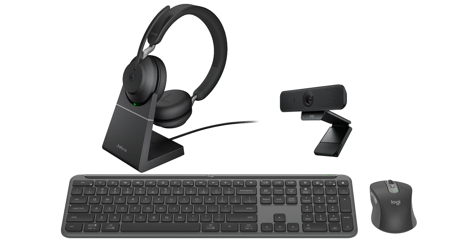 Jabra Evolve2 headset, Logitech C925e webcam, and Logitech Slim MK955 keyboard and mouse combo