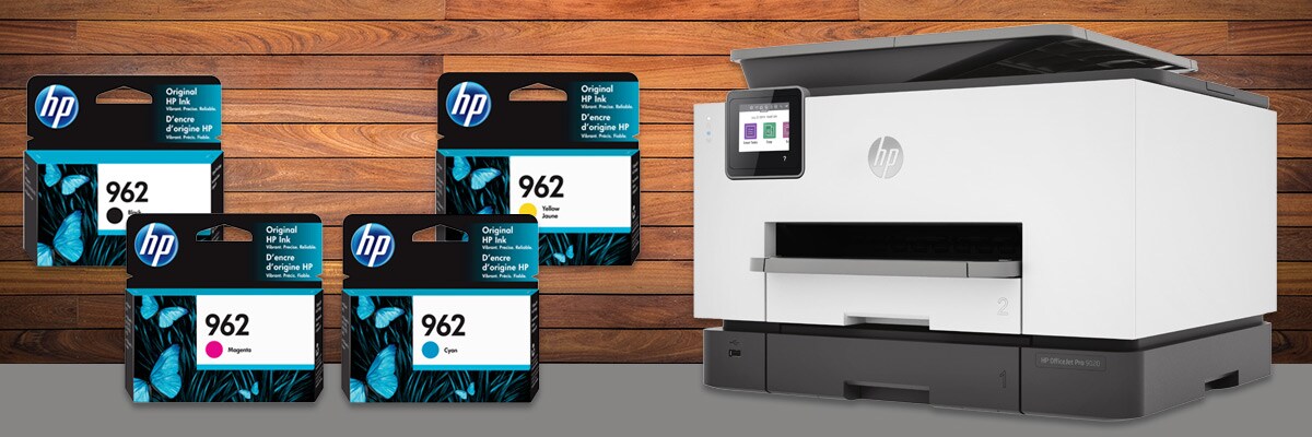 Open Box HP OfficeJet Pro 9020 All-in-One Printer with Black, Cyan, Magenta, and Yellow ink cartridges.